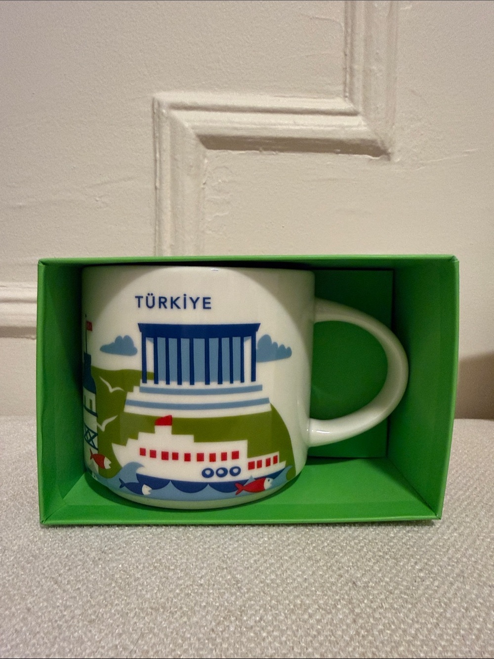 Starbucks Türkiye White Ceramic Mug with Blue and Green Skyline Art